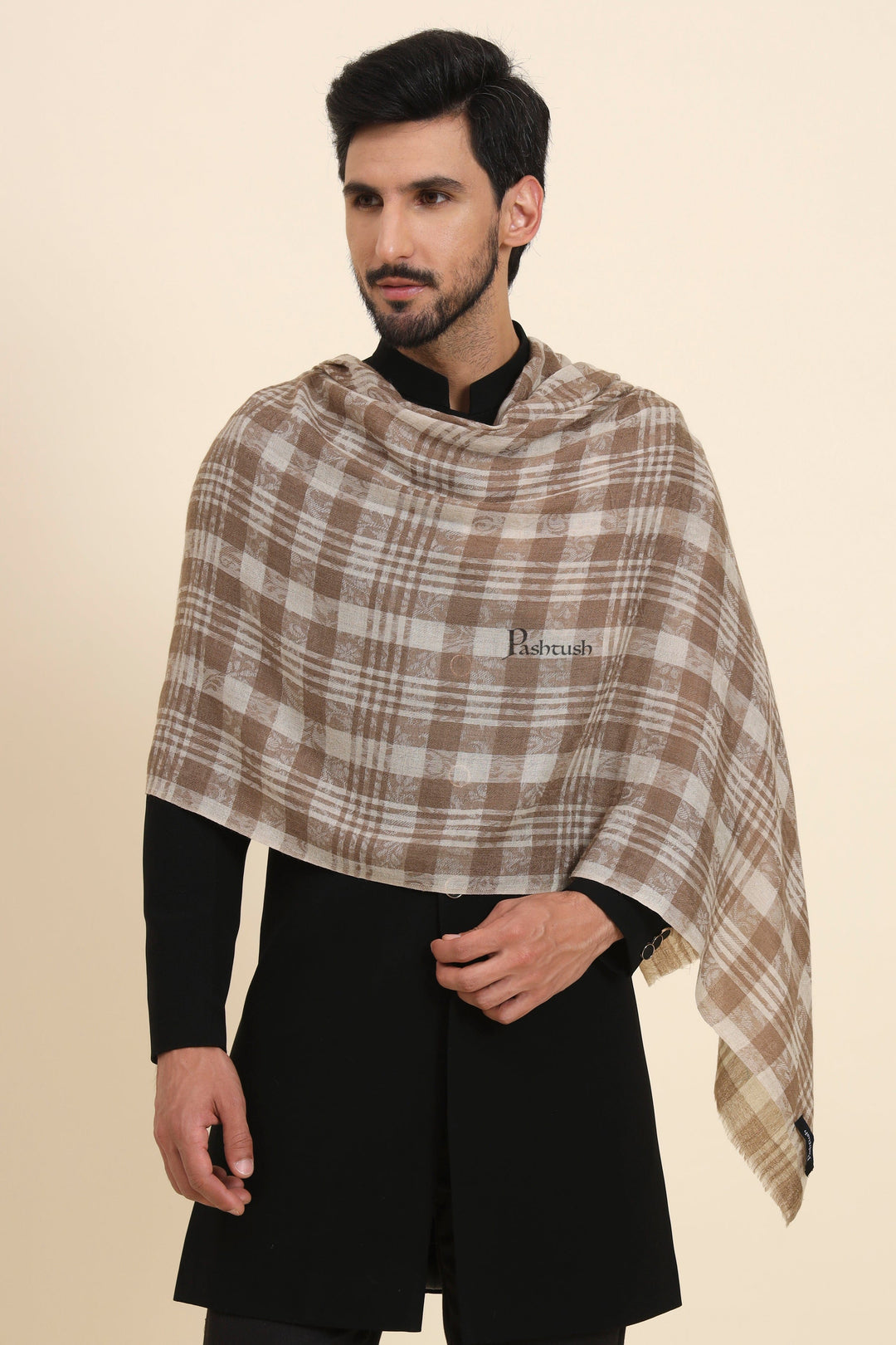 Pashtush India Mens Scarves Stoles and Mufflers Pashtush Mens Extra Fine Wool Stole, Checkered Weave Design, Beige