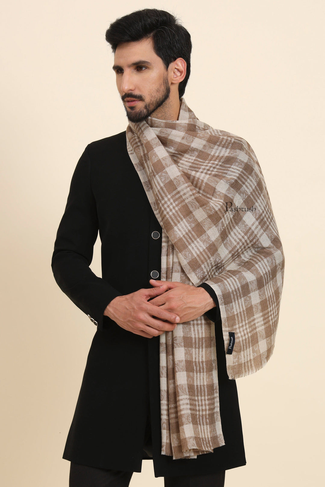 Pashtush India Mens Scarves Stoles and Mufflers Pashtush Mens Extra Fine Wool Stole, Checkered Weave Design, Beige
