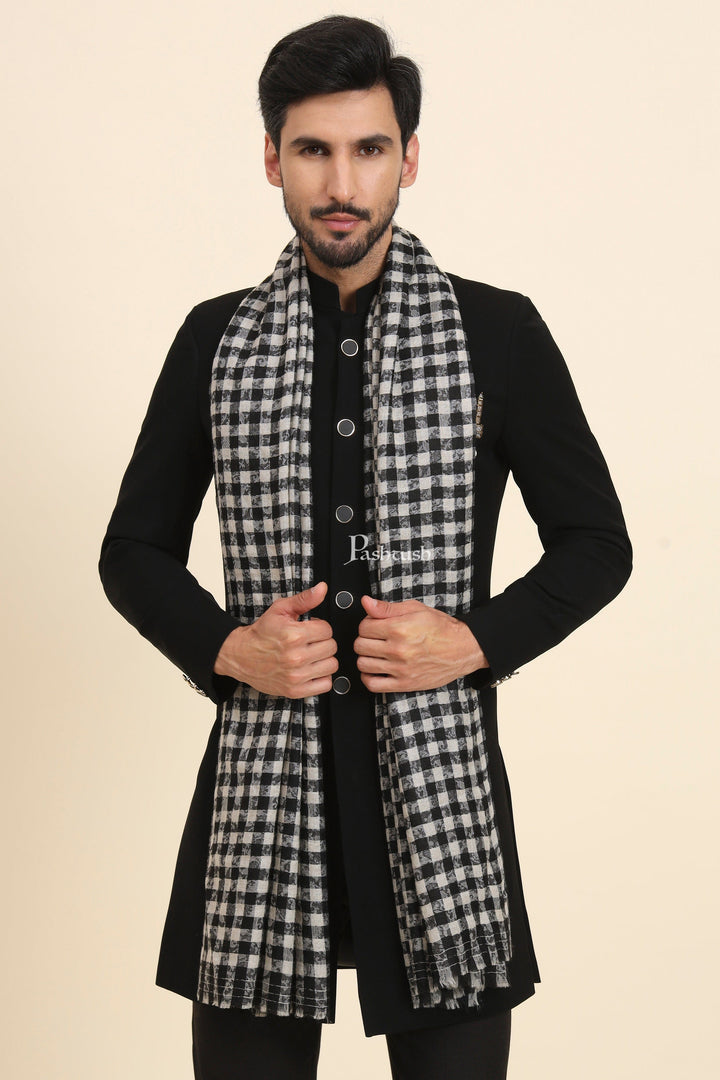 Pashtush India Mens Scarves Stoles and Mufflers Pashtush Mens Extra Fine Wool Stole, Checkered Weave Design, Black