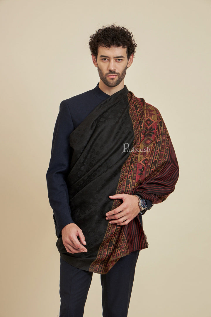 Pashtush India Mens Scarves Stoles and Mufflers Pashtush Mens Extra Fine Wool Stole,  Design, Black