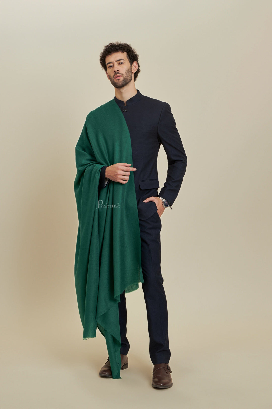 Pashtush India Mens Scarves Stoles and Mufflers Pashtush Mens Extra Fine Wool Stole,  Design, Bottle Green