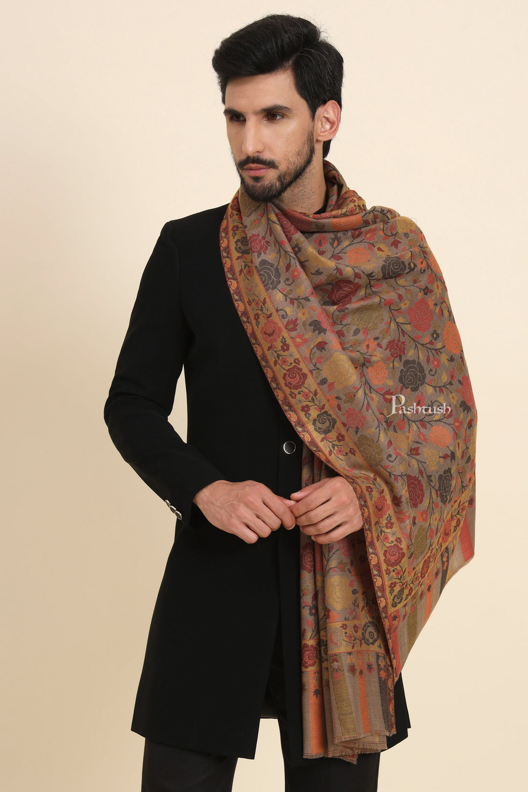 Pashtush India Mens Scarves Stoles and Mufflers Pashtush Mens Extra Fine Wool Stole, Gulabdar Woven Design, Taupe