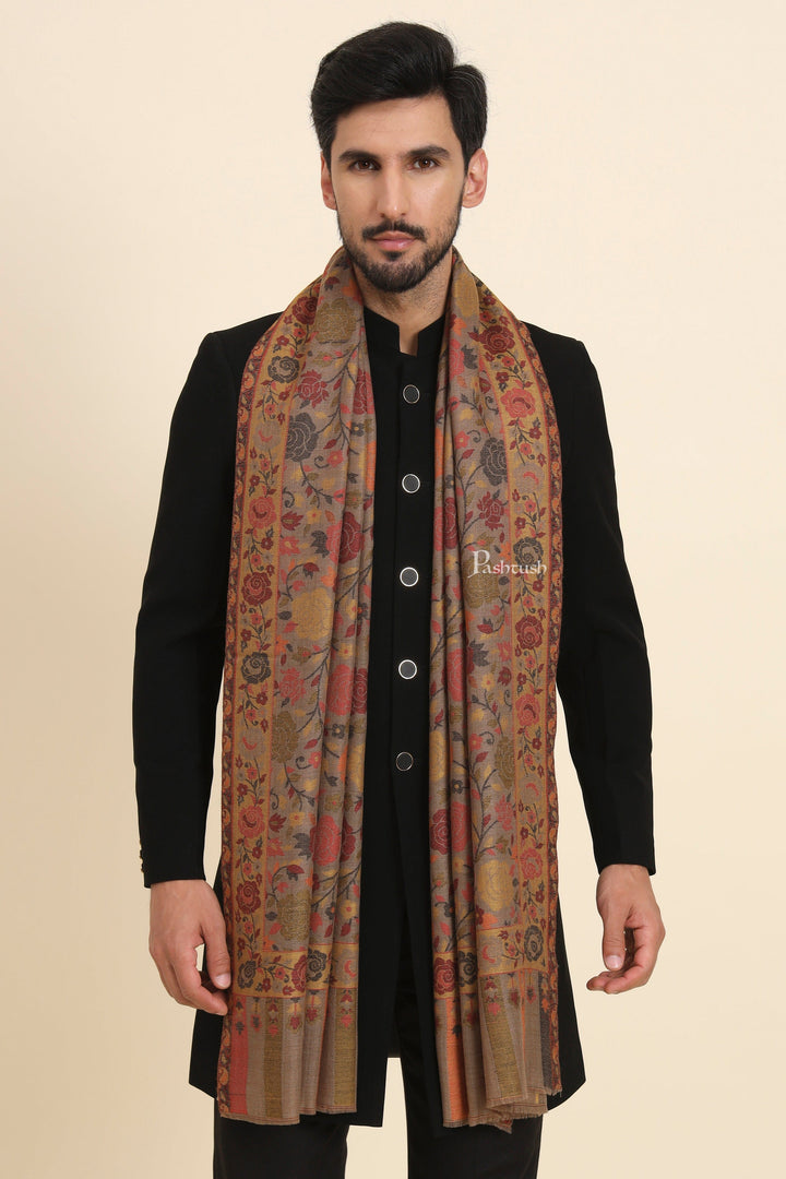 Pashtush India Mens Scarves Stoles and Mufflers Pashtush Mens Extra Fine Wool Stole, Gulabdar Woven Design, Taupe