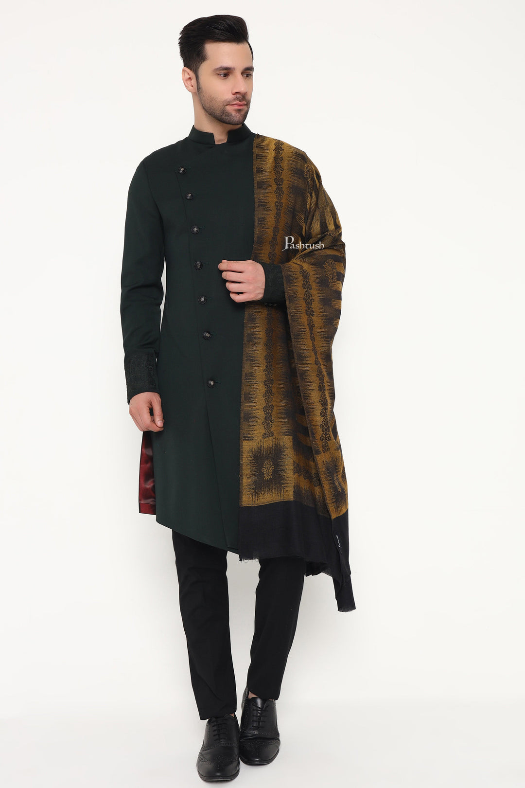 Pashtush India Mens Scarves Stoles and Mufflers Pashtush Mens Extra Fine Wool Stole, Ikkat Design, Black