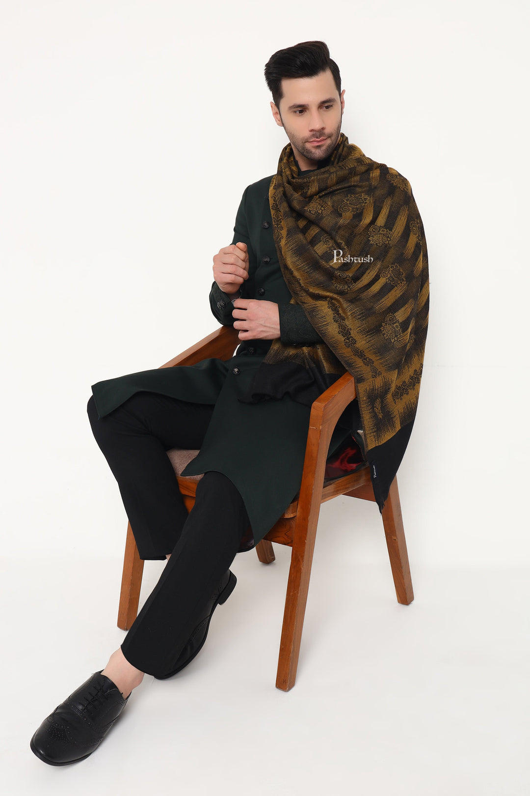 Pashtush India Mens Scarves Stoles and Mufflers Pashtush Mens Extra Fine Wool Stole, Ikkat Design, Black