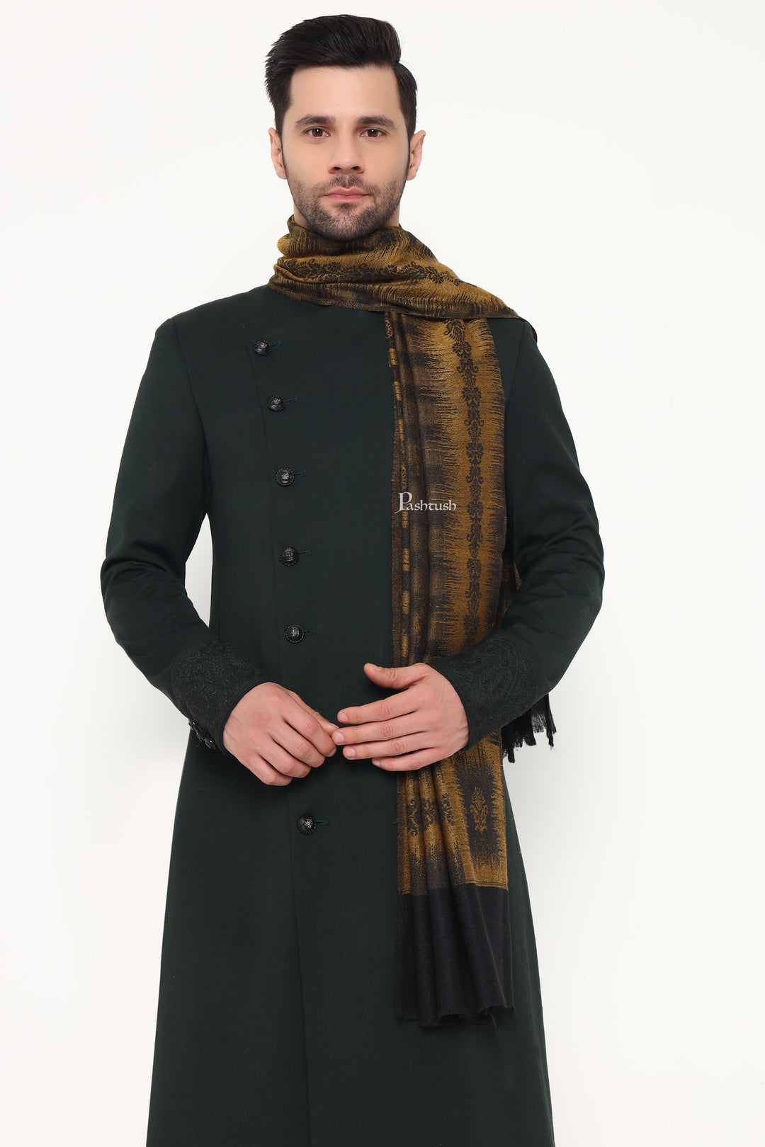 Pashtush India Mens Scarves Stoles and Mufflers Pashtush Mens Extra Fine Wool Stole, Ikkat Design, Black