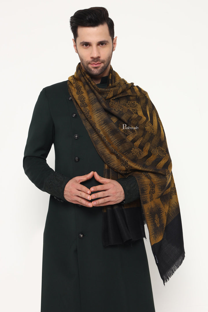 Pashtush India Mens Scarves Stoles and Mufflers Pashtush Mens Extra Fine Wool Stole, Ikkat Design, Black