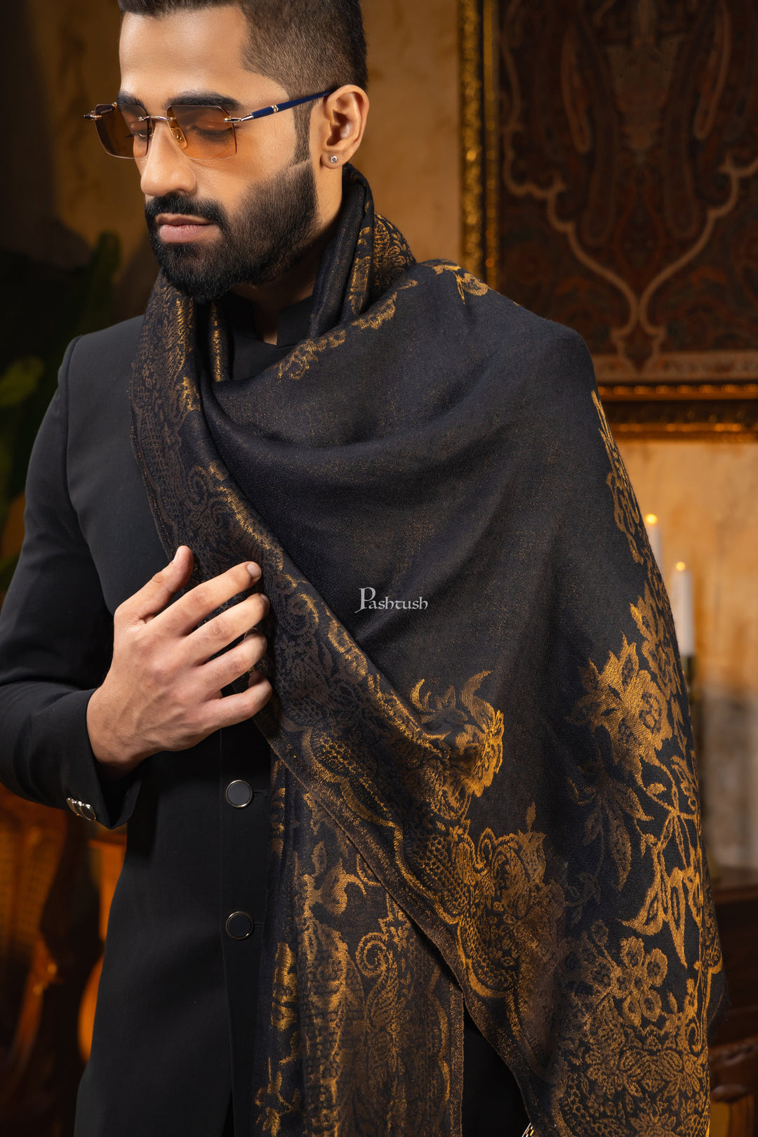 Pashtush India Mens Scarves Stoles and Mufflers Pashtush Mens Extra Fine Wool Stole, Paisley Design, Black