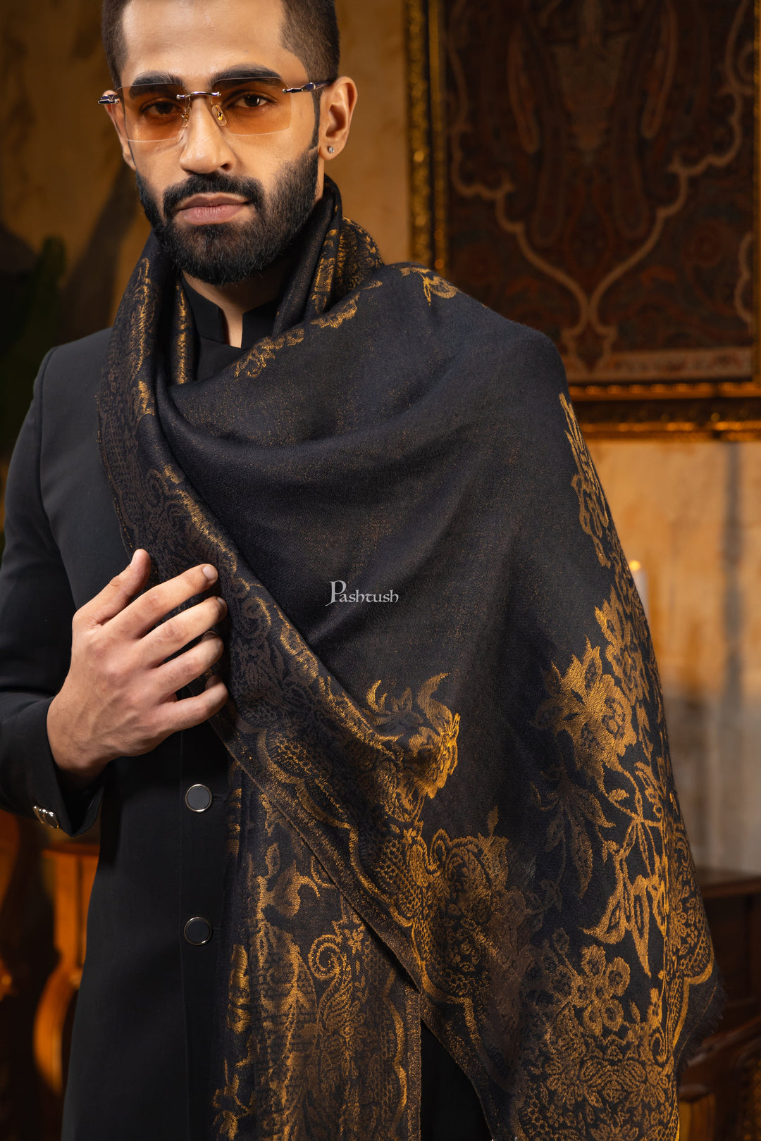 Pashtush India Mens Scarves Stoles and Mufflers Pashtush Mens Extra Fine Wool Stole, Paisley Design, Black