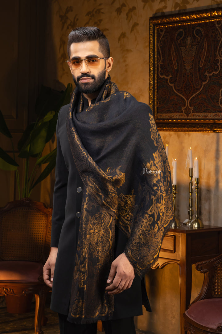 Pashtush India Mens Scarves Stoles and Mufflers Pashtush Mens Extra Fine Wool Stole, Paisley Design, Black