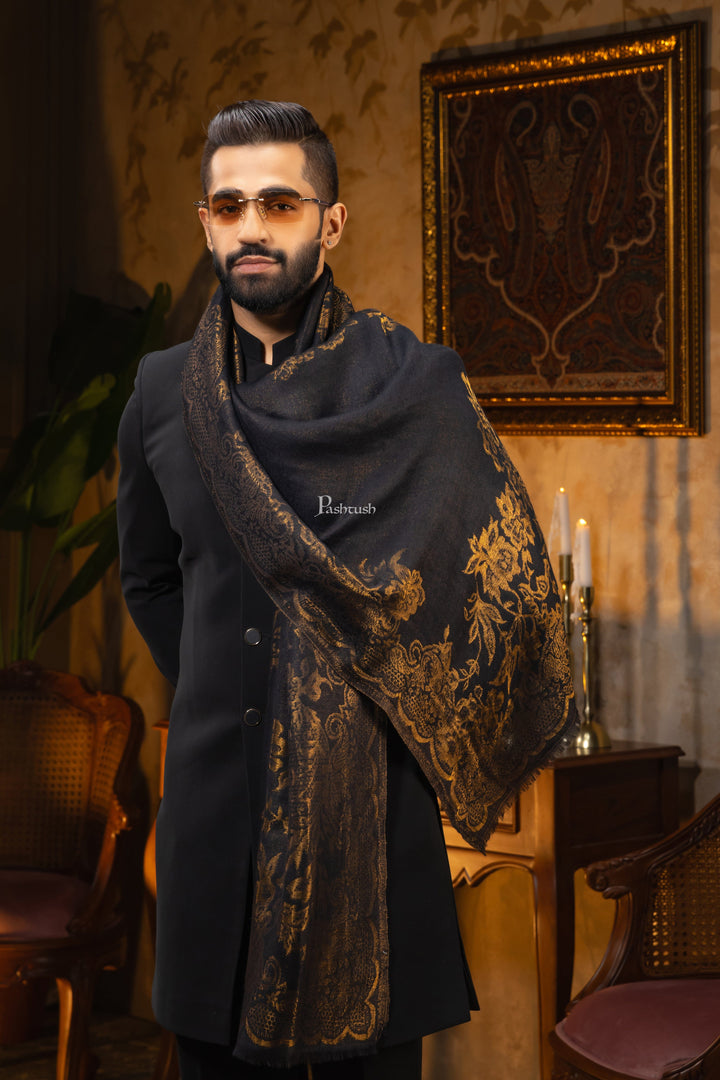 Pashtush India Mens Scarves Stoles and Mufflers Pashtush Mens Extra Fine Wool Stole, Paisley Design, Black