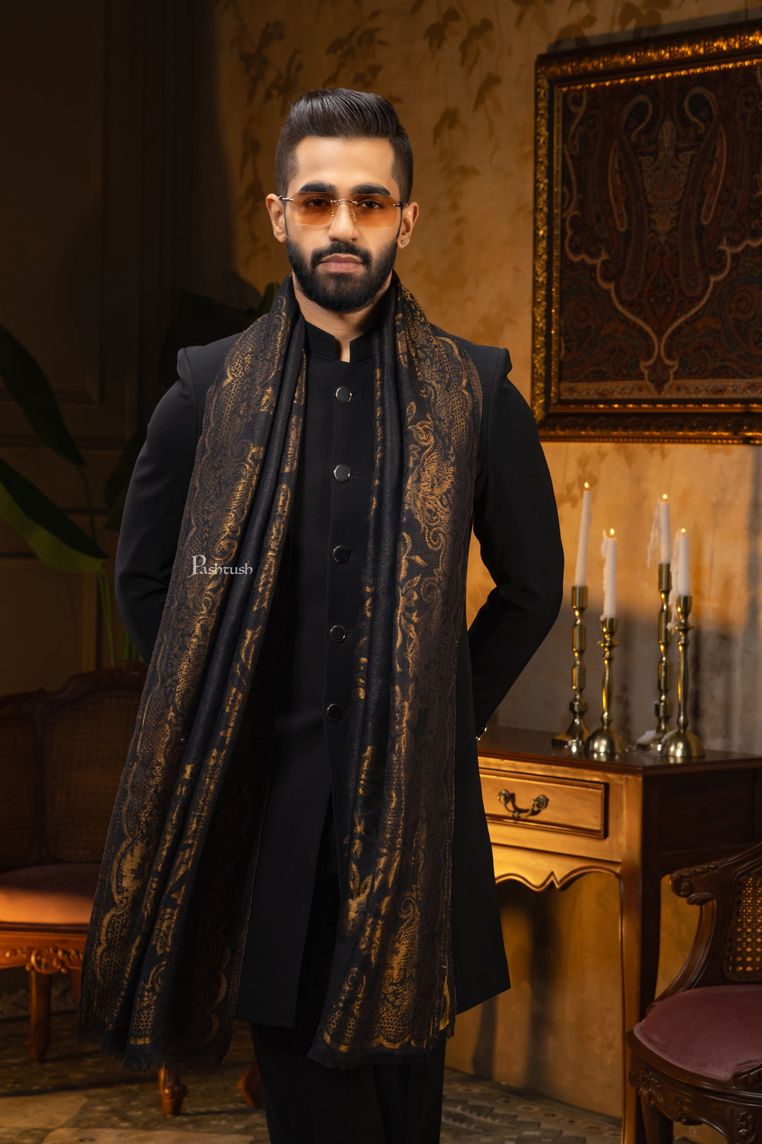 Pashtush India Mens Scarves Stoles and Mufflers Pashtush Mens Extra Fine Wool Stole, Paisley Design, Black