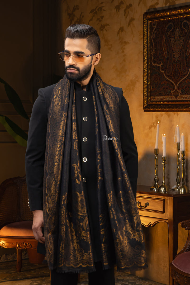 Pashtush India Mens Scarves Stoles and Mufflers Pashtush Mens Extra Fine Wool Stole, Paisley Design, Black