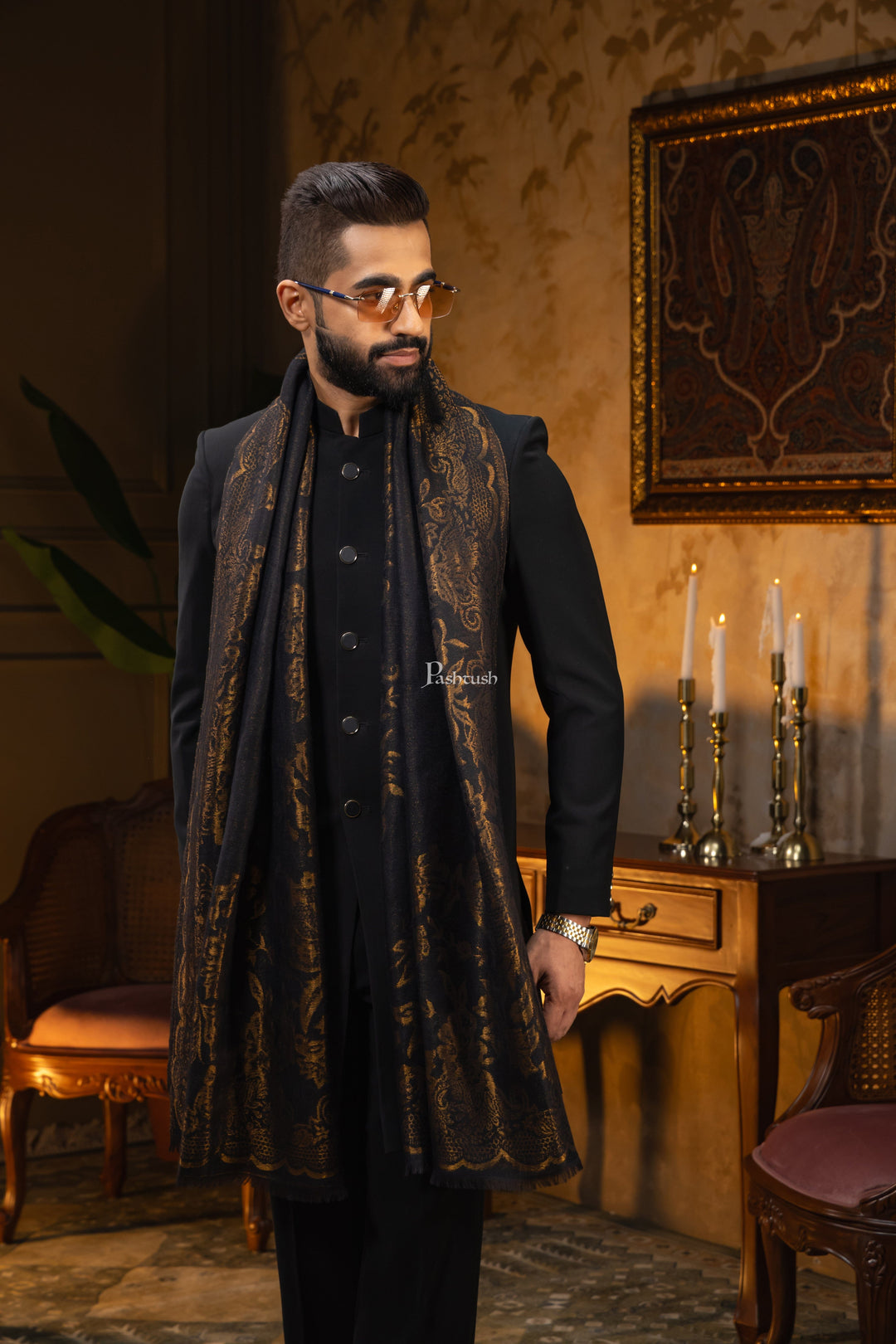 Pashtush India Mens Scarves Stoles and Mufflers Pashtush Mens Extra Fine Wool Stole, Paisley Design, Black