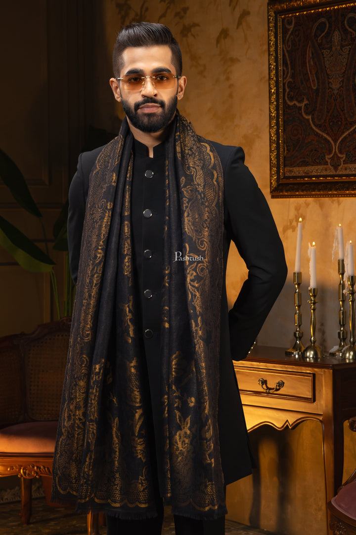 Pashtush India Mens Scarves Stoles and Mufflers Pashtush Mens Extra Fine Wool Stole, Paisley Design, Black