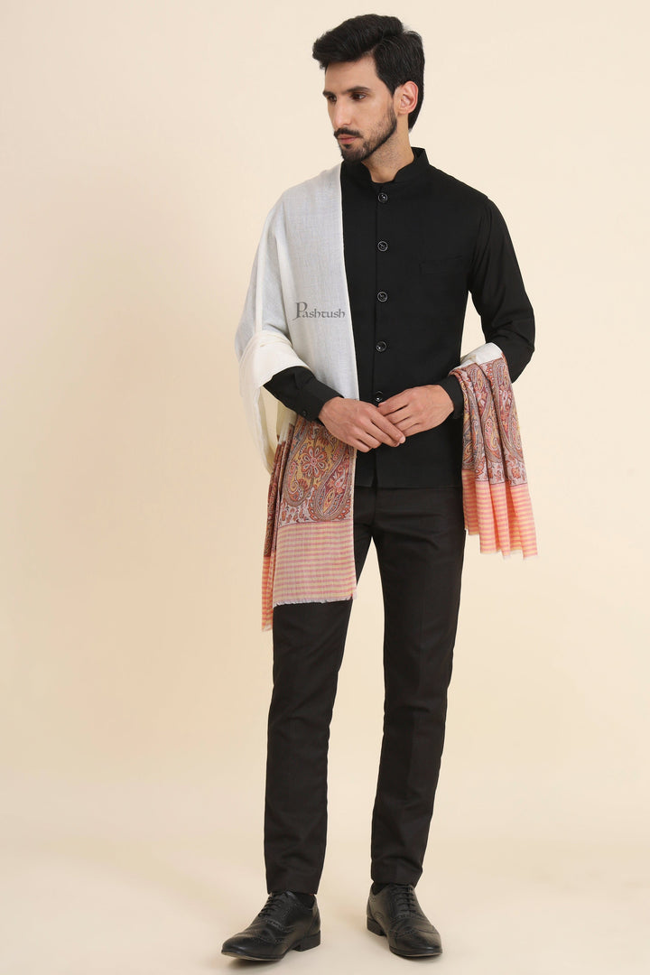 Pashtush India Mens Scarves Stoles and Mufflers Pashtush Mens Extra Fine Wool Stole, Paisley Weave Design, Beige