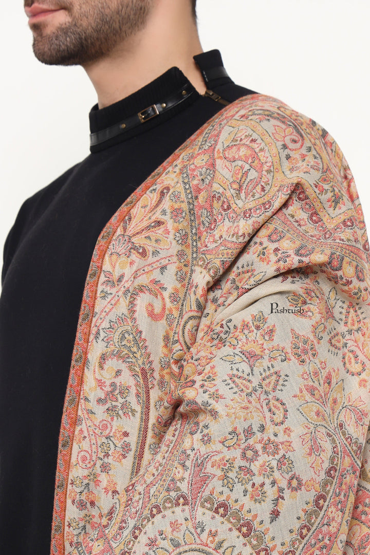 Pashtush India Mens Scarves Stoles and Mufflers Pashtush Mens Extra Fine Wool Stole, Paisley Weave Design, Beige