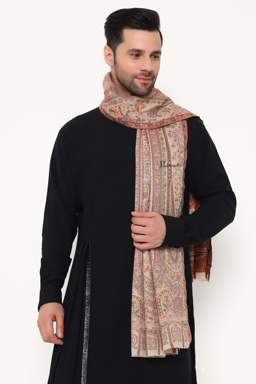 Pashtush India Mens Scarves Stoles and Mufflers Pashtush Mens Extra Fine Wool Stole, Paisley Weave Design, Beige