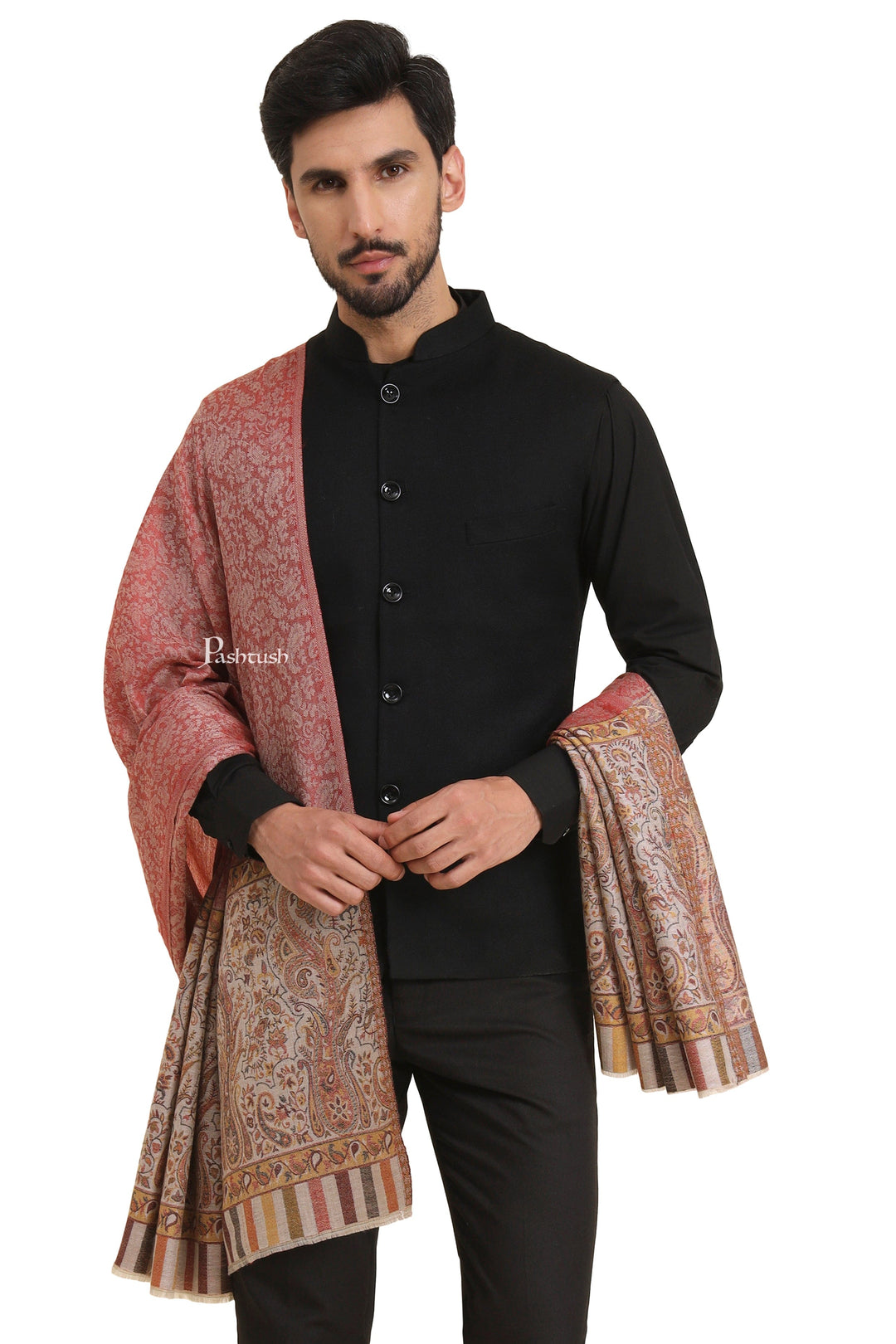 Pashtush India Mens Scarves Stoles and Mufflers Pashtush Mens Extra Fine Wool Stole, Paisley Weave Design, Maroon