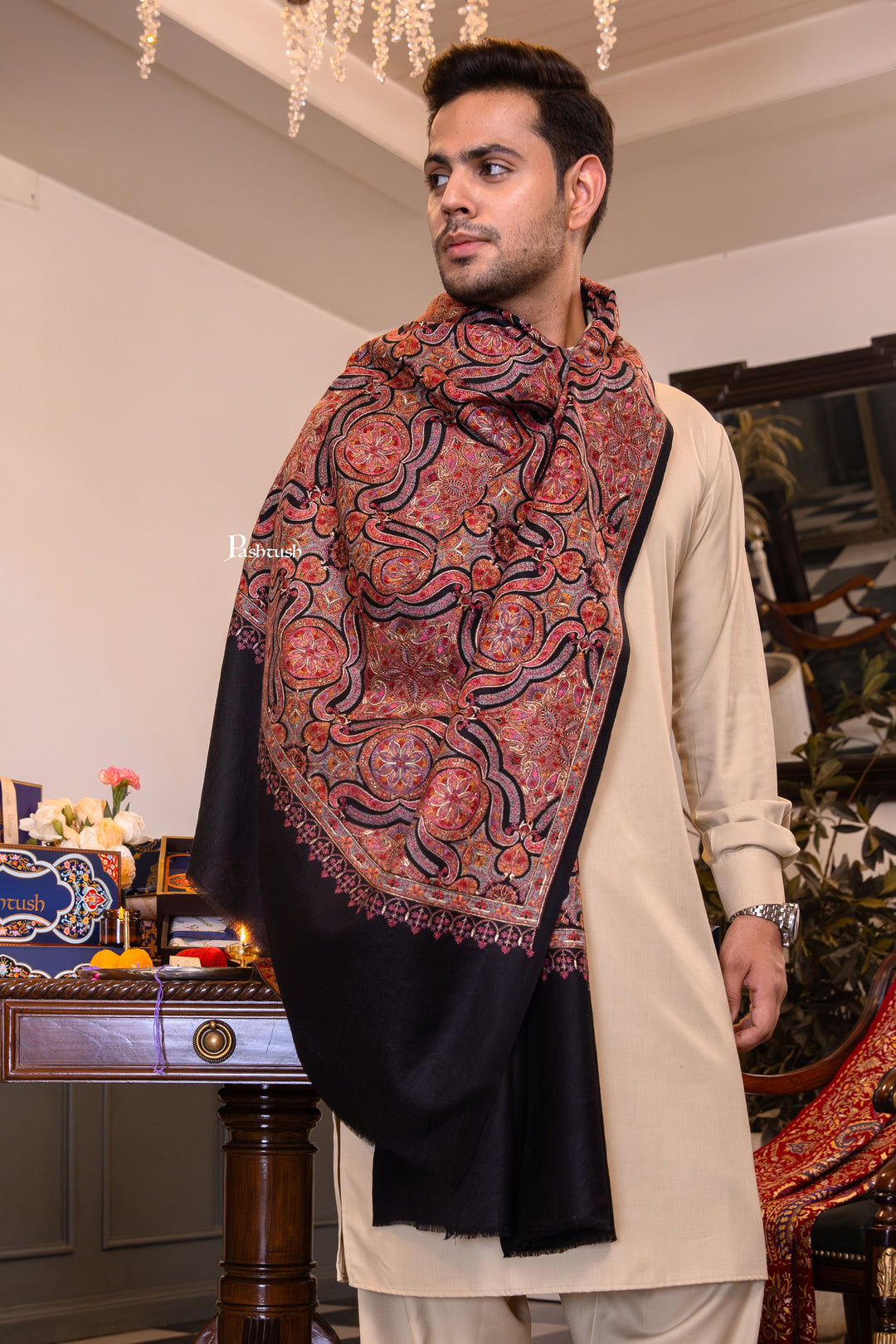 Pashtush India Mens Shawls Gents Shawl Pashtush Mens Extra Fine Wool Stole, Papier Mache Design, Black