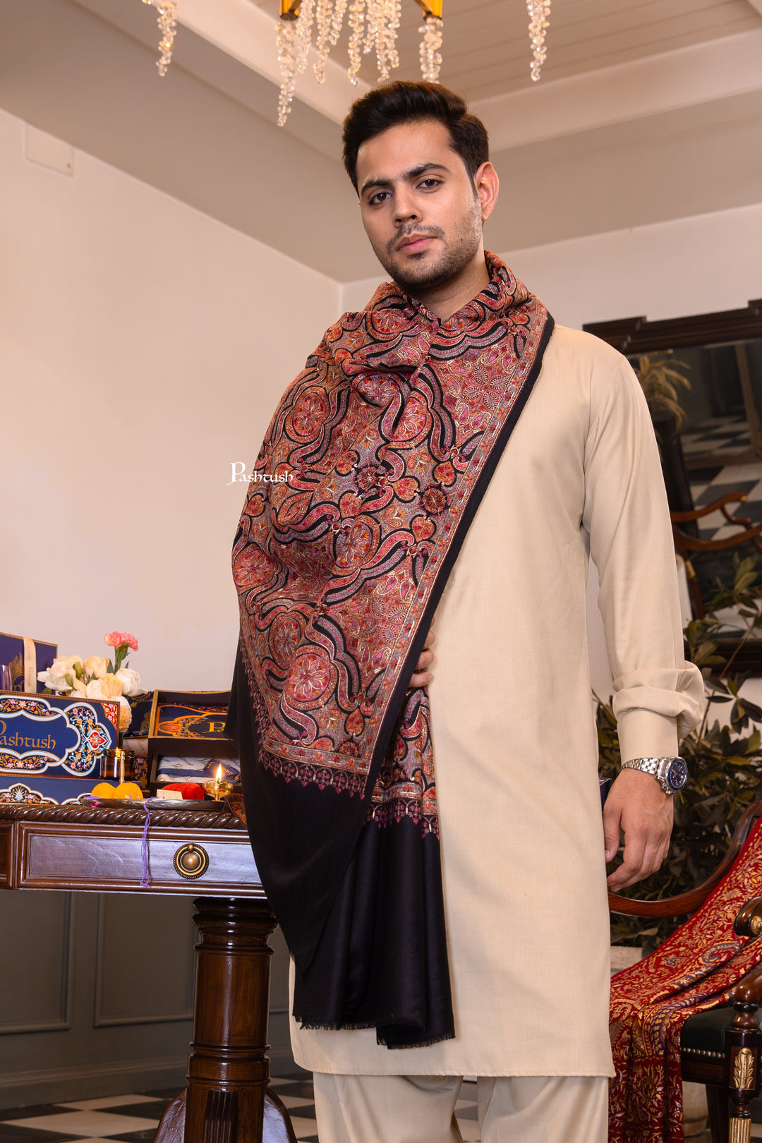 Pashtush India Mens Shawls Gents Shawl Pashtush Mens Extra Fine Wool Stole, Papier Mache Design, Black