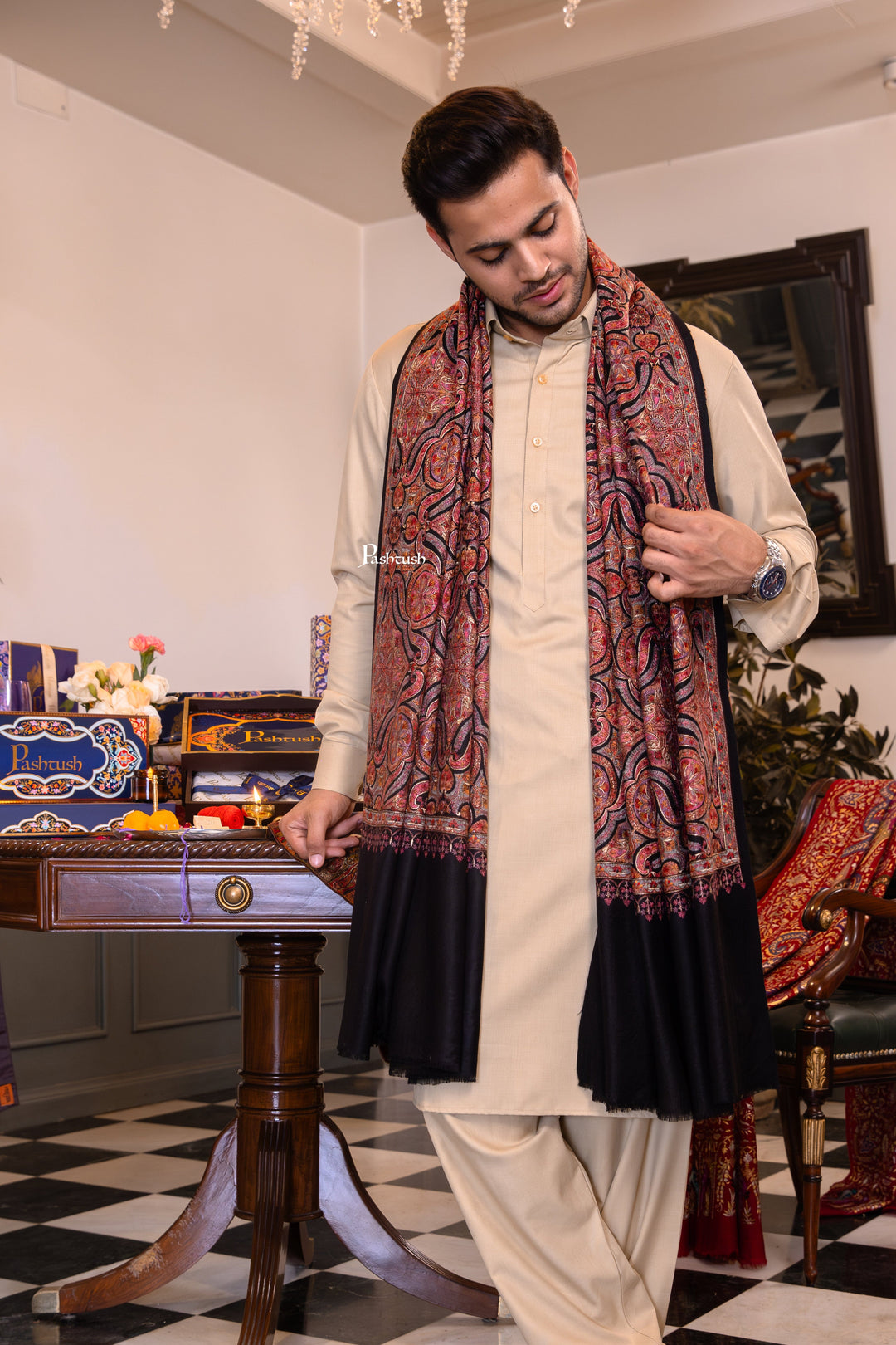 Pashtush India Mens Shawls Gents Shawl Pashtush Mens Extra Fine Wool Stole, Papier Mache Design, Black