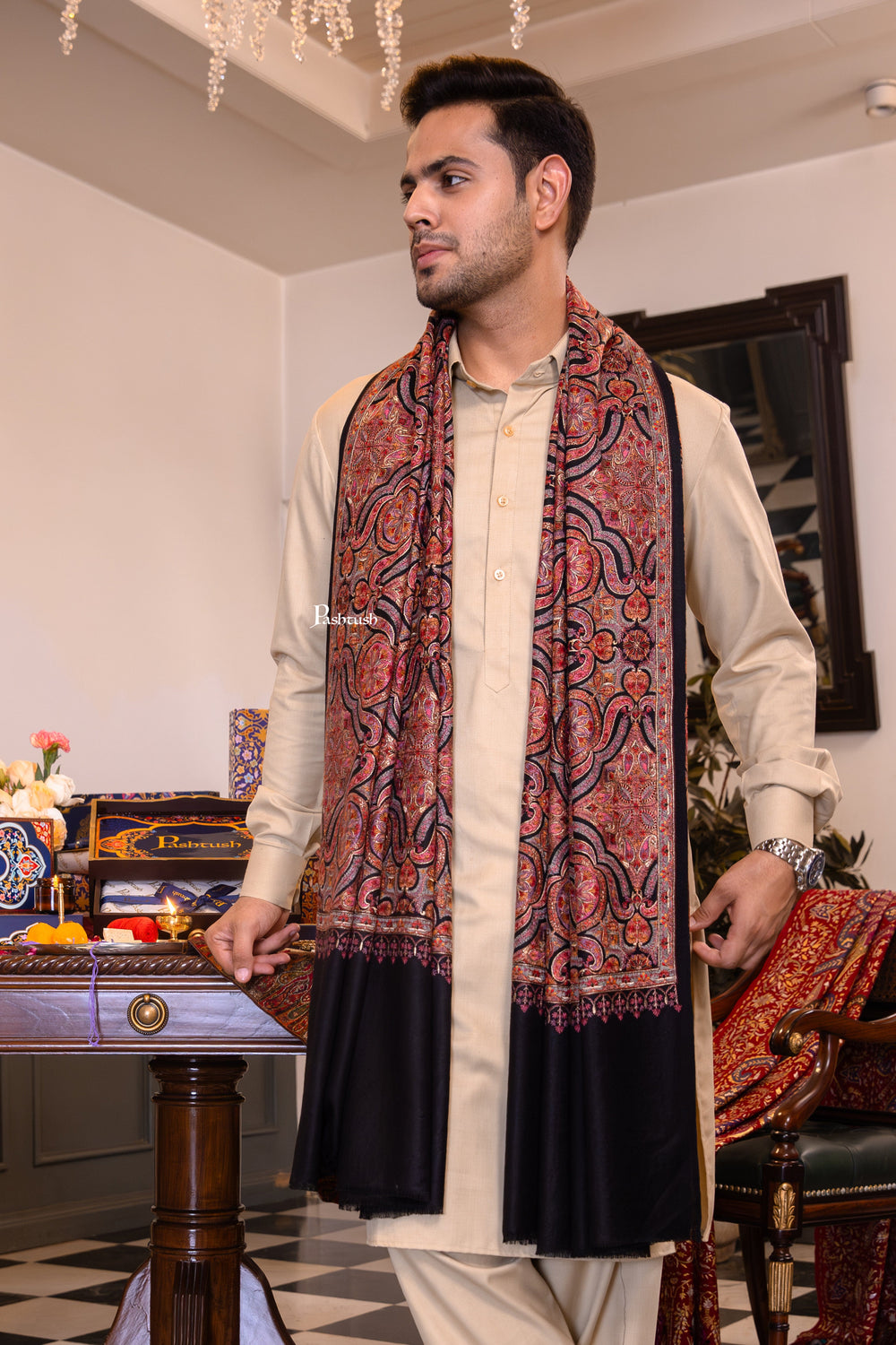 Pashtush India Mens Shawls Gents Shawl Pashtush Mens Extra Fine Wool Stole, Papier Mache Design, Black