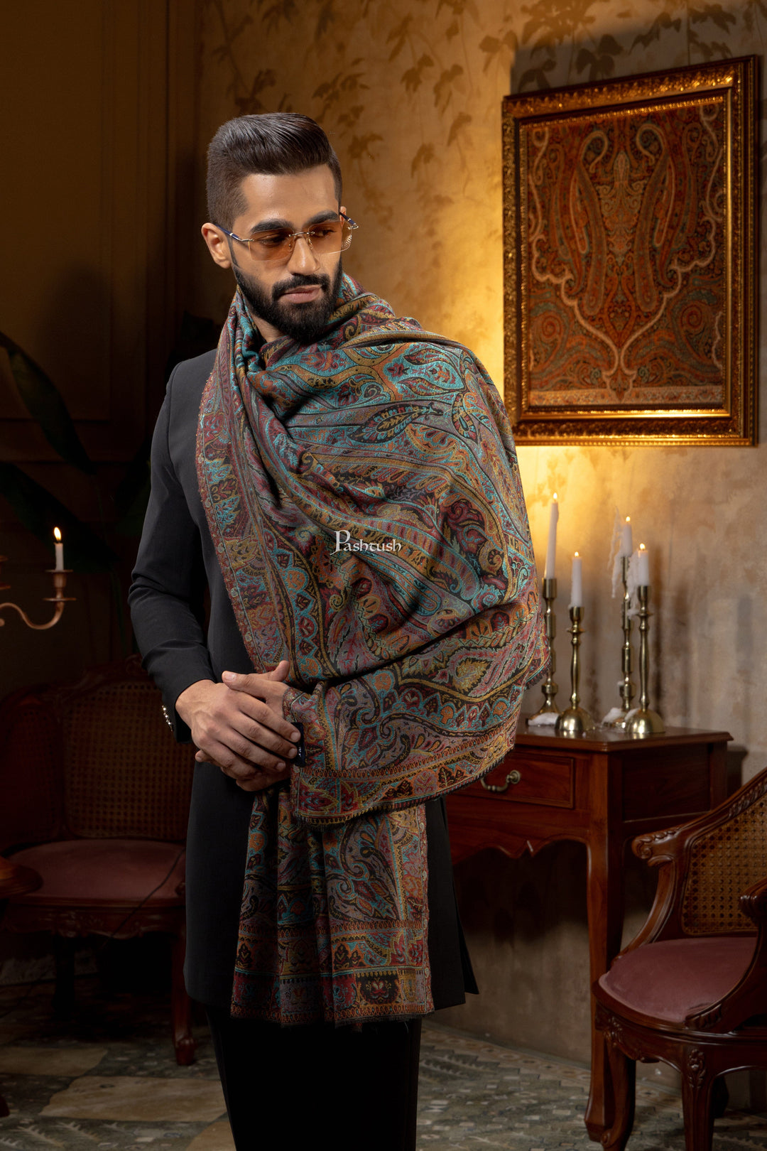 Pashtush India Mens Scarves Stoles and Mufflers Pashtush Mens Extra Fine Wool Stole, Pasiley Design, Multicolour