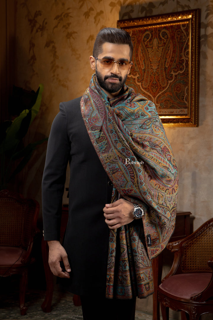 Pashtush India Mens Scarves Stoles and Mufflers Pashtush Mens Extra Fine Wool Stole, Pasiley Design, Multicolour