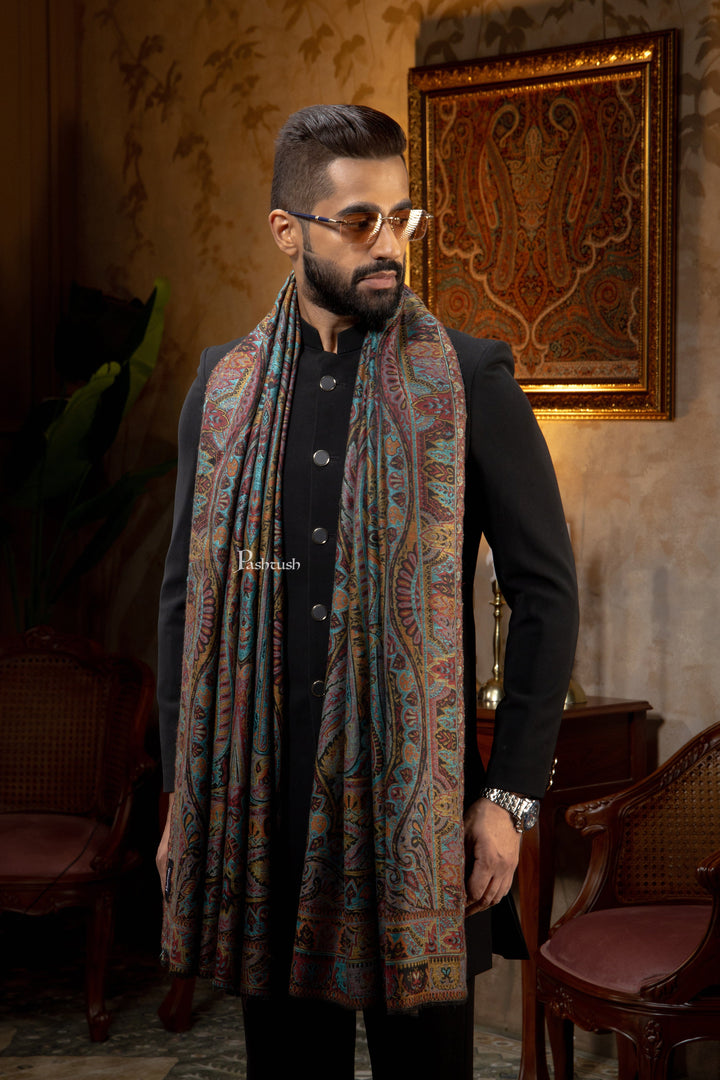 Pashtush India Mens Scarves Stoles and Mufflers Pashtush Mens Extra Fine Wool Stole, Pasiley Design, Multicolour