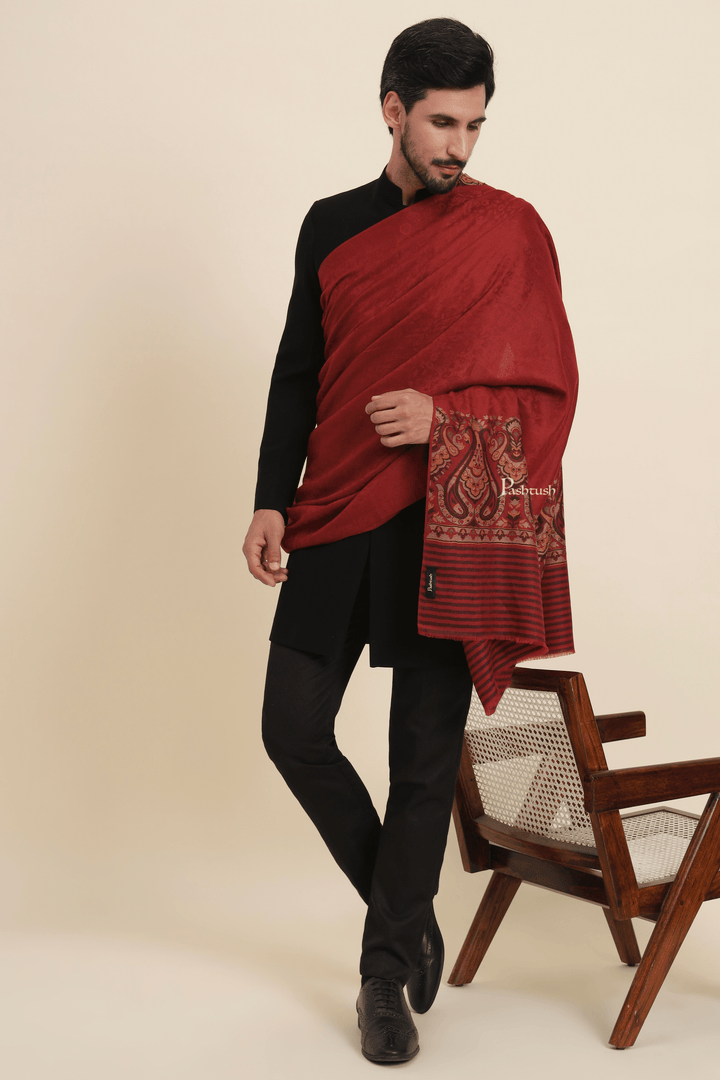 Pashtush India Mens Scarves Stoles and Mufflers Pashtush Mens Extra Fine Wool Stole, Pasiley Weave Design, Maroon