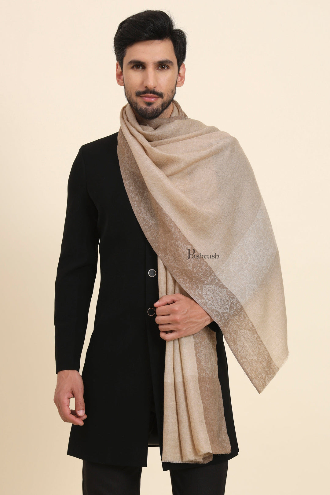 Pashtush India Mens Scarves Stoles and Mufflers Pashtush Mens Extra Fine Wool Stole, Self Jacquard Paisley Design, Beige