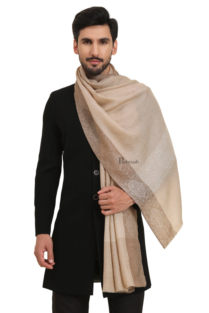 Pashtush India Mens Scarves Stoles and Mufflers Pashtush Mens Extra Fine Wool Stole, Self Jacquard Paisley Design, Beige