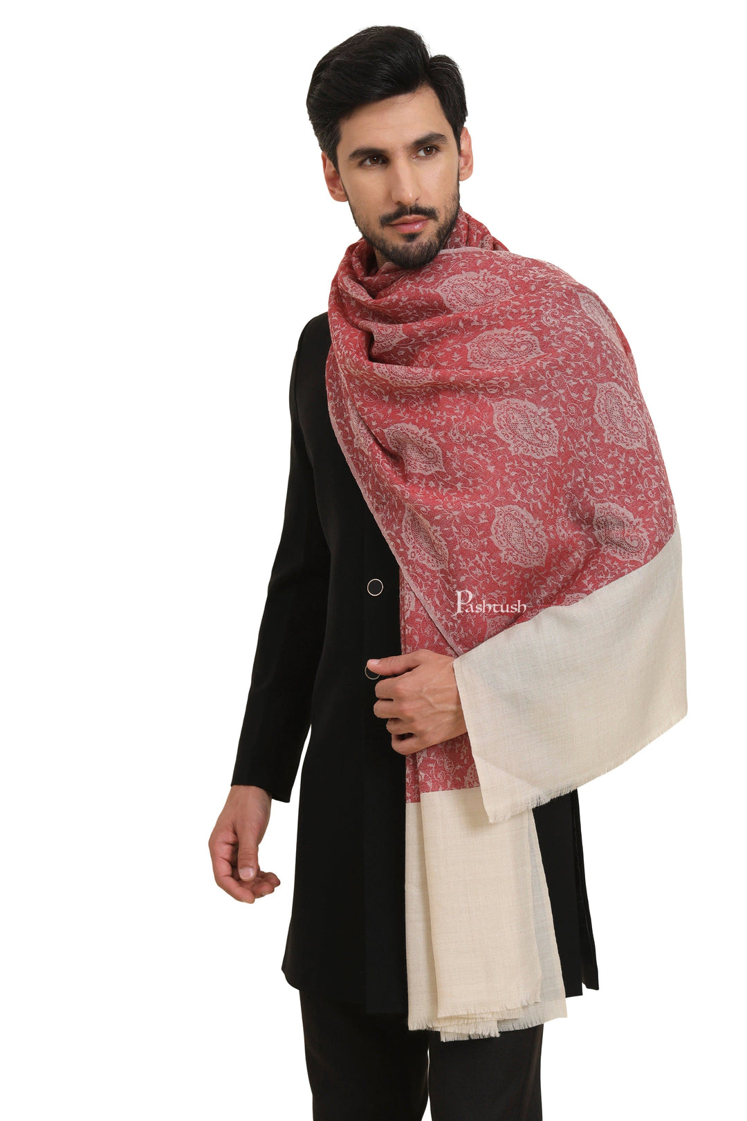 Pashtush India Mens Scarves Stoles and Mufflers Pashtush Mens Extra Fine Wool Stole, Self Jacquard Paisley Design, Maroon