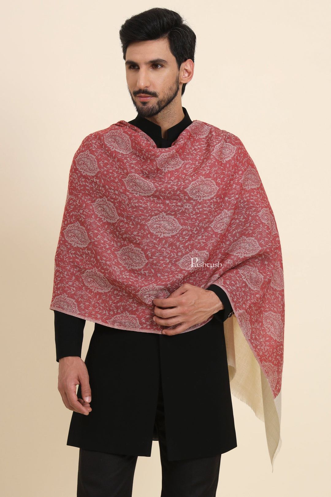 Pashtush India Mens Scarves Stoles and Mufflers Pashtush Mens Extra Fine Wool Stole, Self Jacquard Paisley Design, Maroon
