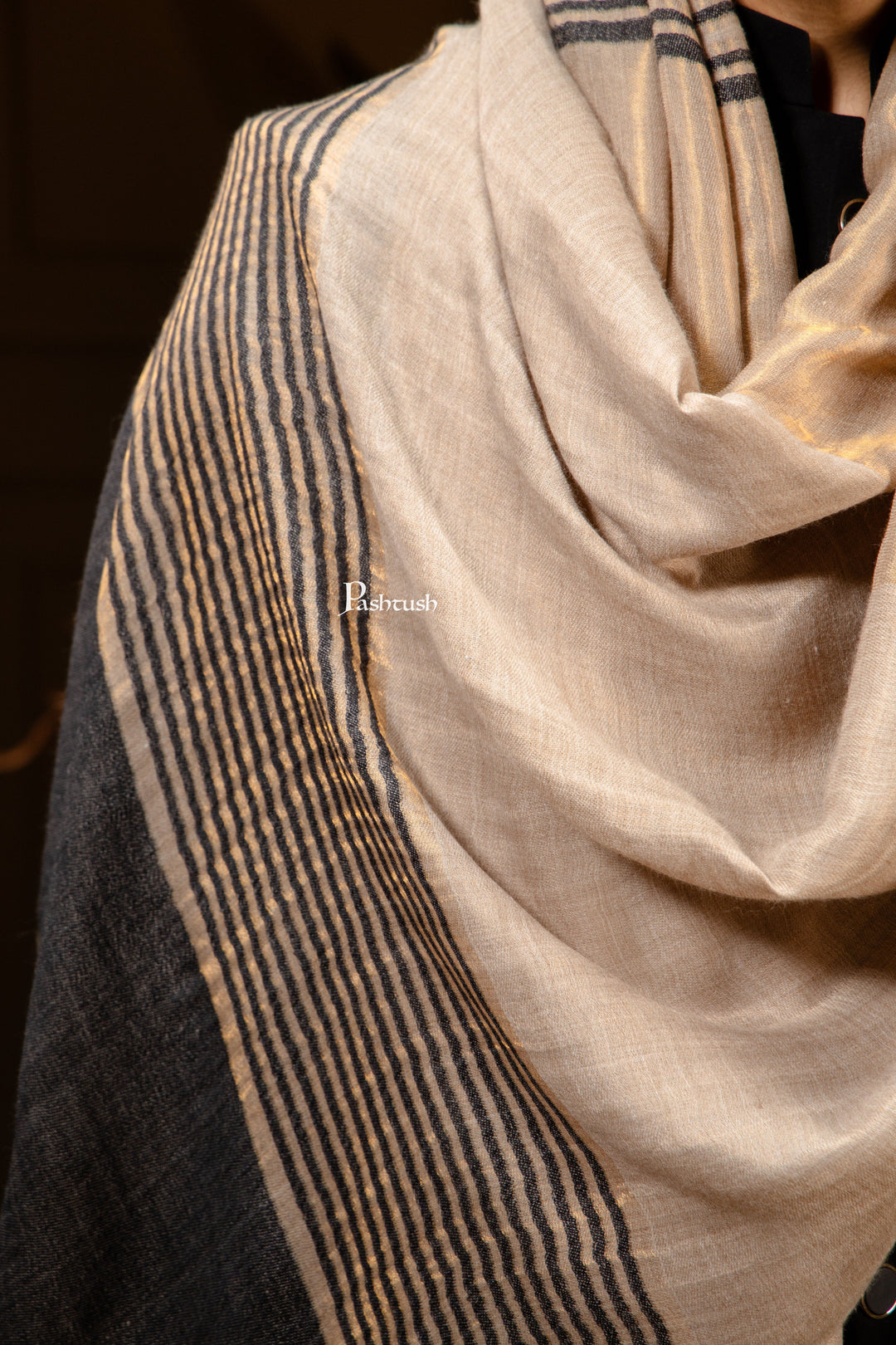 Pashtush India Mens Scarves Stoles and Mufflers Pashtush Mens Extra Fine Wool Stole, Stripe Twilight Design, Black