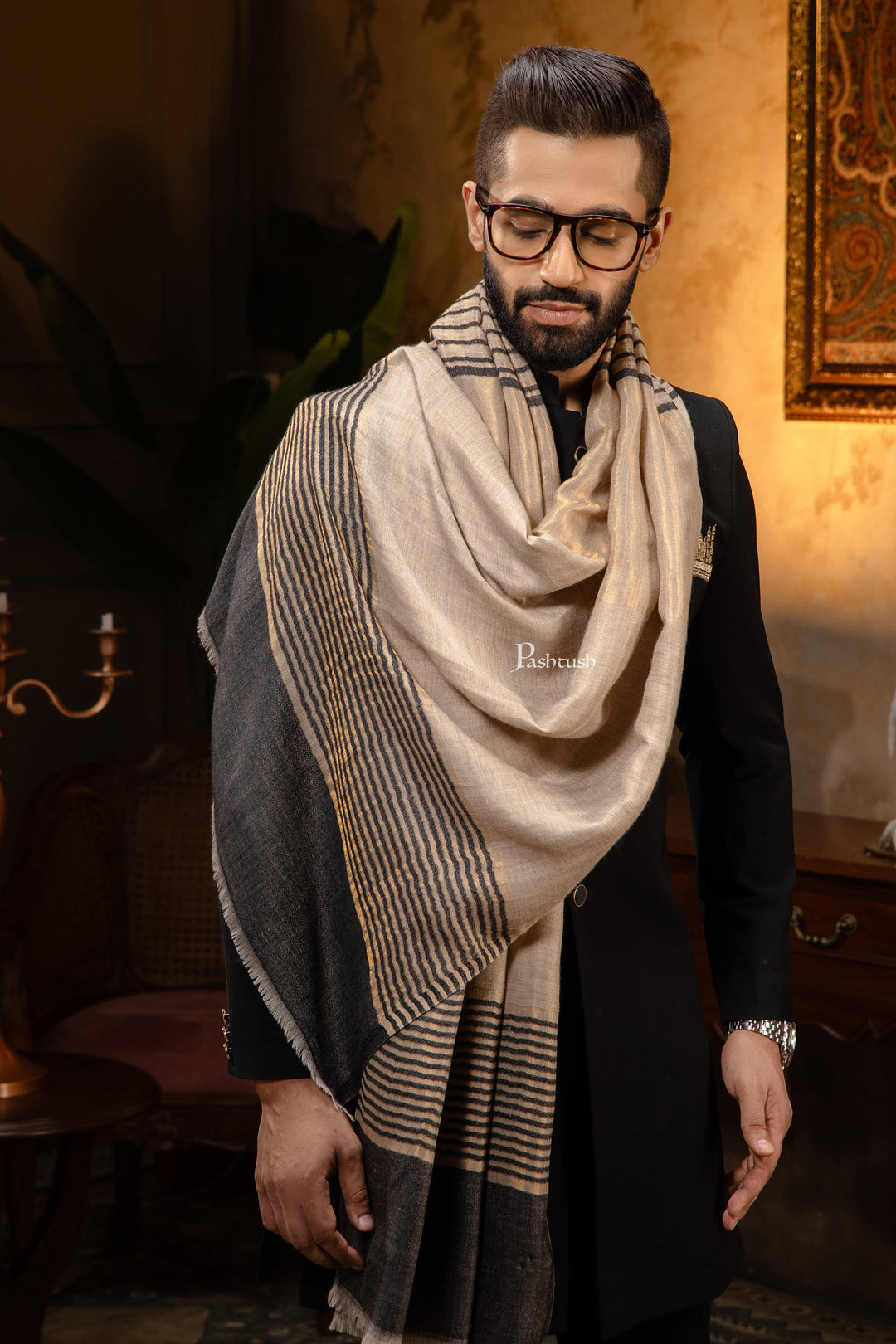 Pashtush India Mens Scarves Stoles and Mufflers Pashtush Mens Extra Fine Wool Stole, Stripe Twilight Design, Black