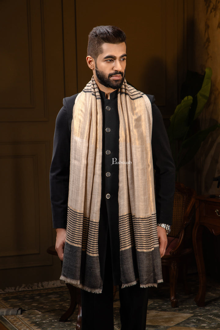 Pashtush India Mens Scarves Stoles and Mufflers Pashtush Mens Extra Fine Wool Stole, Stripe Twilight Design, Black