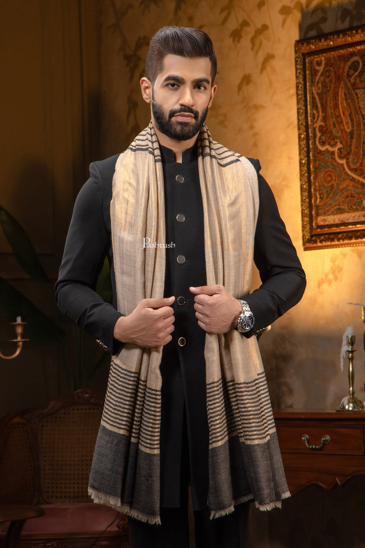 Pashtush India Mens Scarves Stoles and Mufflers Pashtush Mens Extra Fine Wool Stole, Stripe Twilight Design, Black