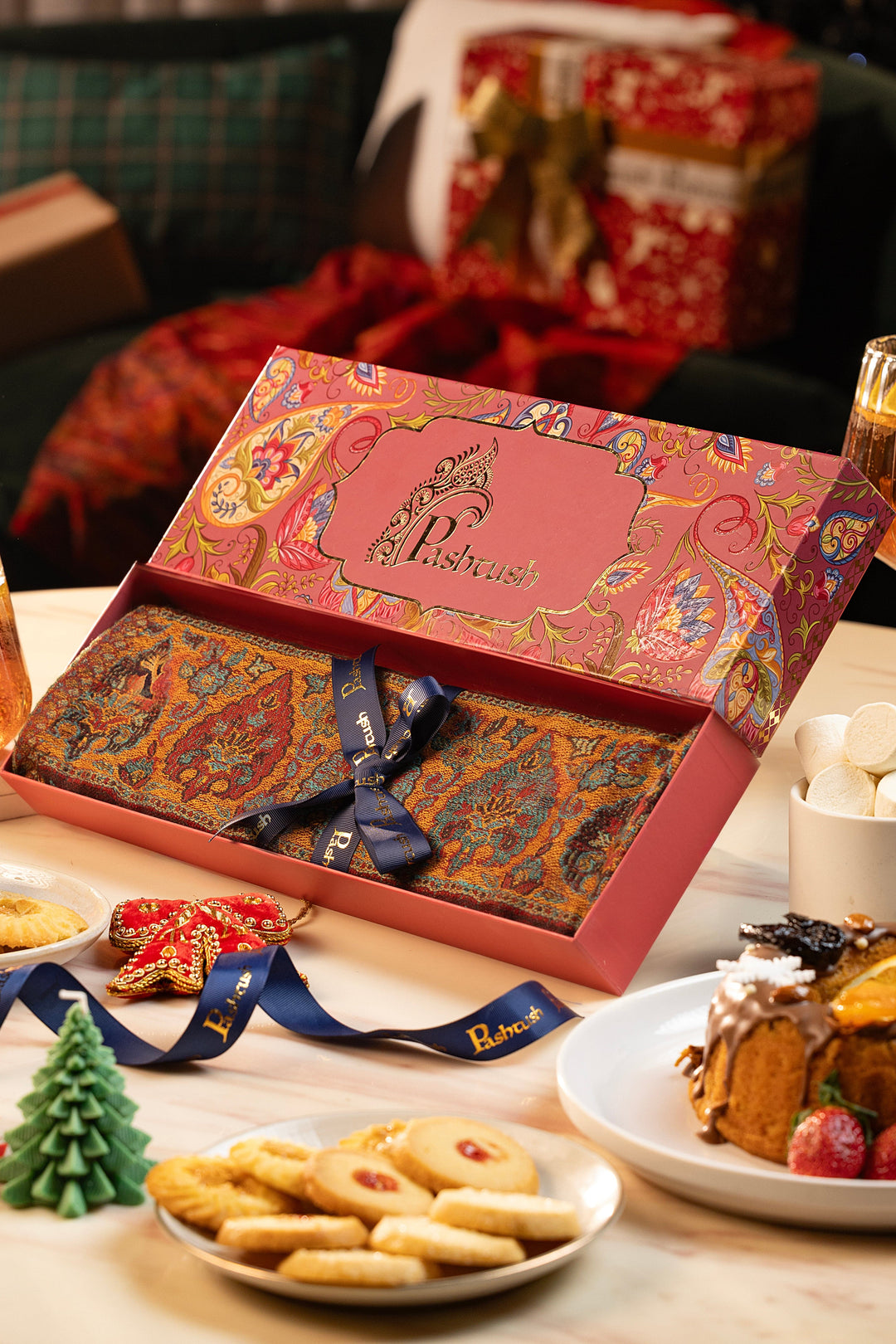 Pashtush India Gift Pack Pashtush Mens Extra Fine Wool Stole, Woven Ethnic Palla Design, Maroon