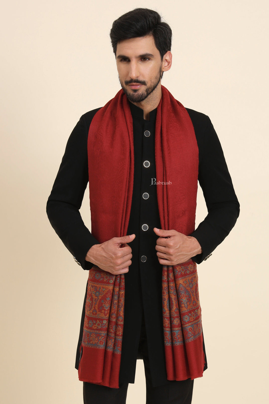 Pashtush India Mens Scarves Stoles and Mufflers Pashtush Mens Extra Fine Wool Stole, Woven Ethnic Palla Design, Maroon