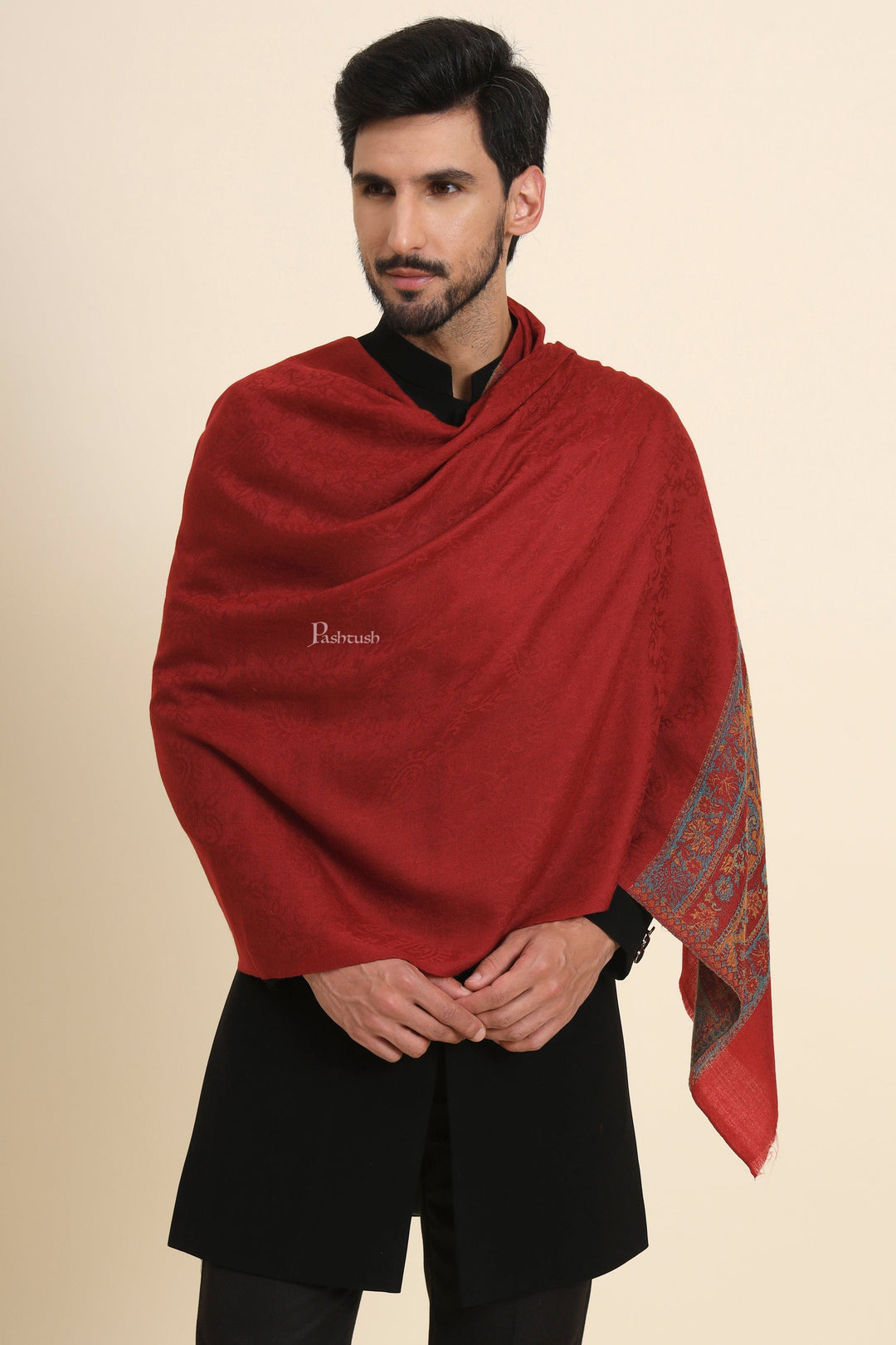Pashtush India Mens Scarves Stoles and Mufflers Pashtush Mens Extra Fine Wool Stole, Woven Ethnic Palla Design, Maroon