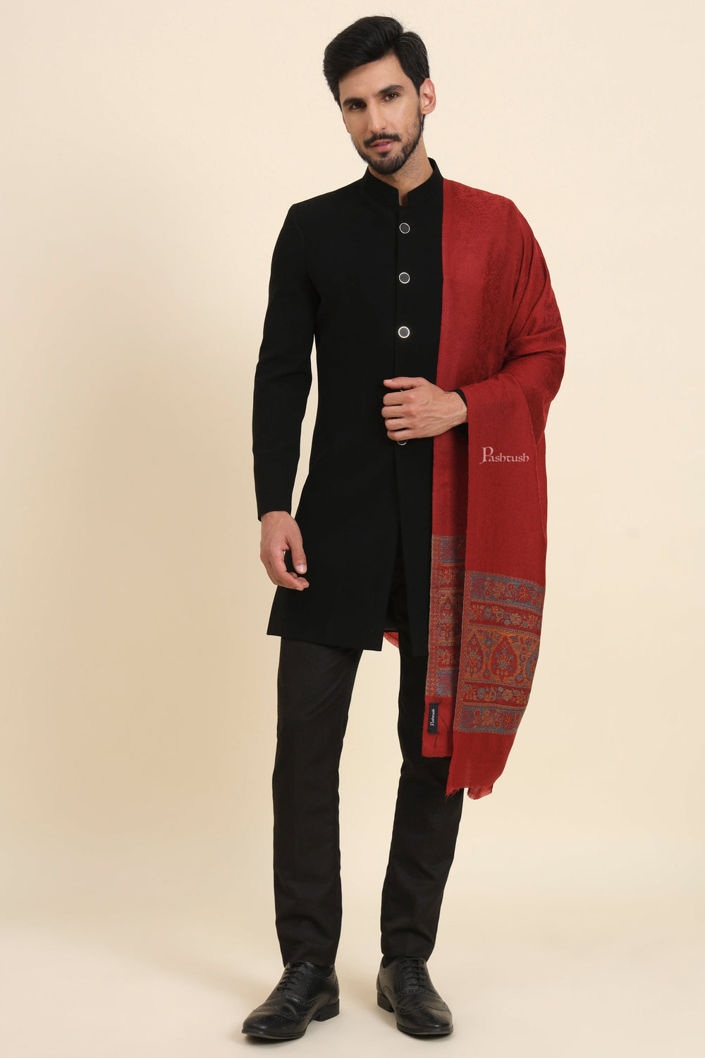 Pashtush India Mens Scarves Stoles and Mufflers Pashtush Mens Extra Fine Wool Stole, Woven Ethnic Palla Design, Maroon