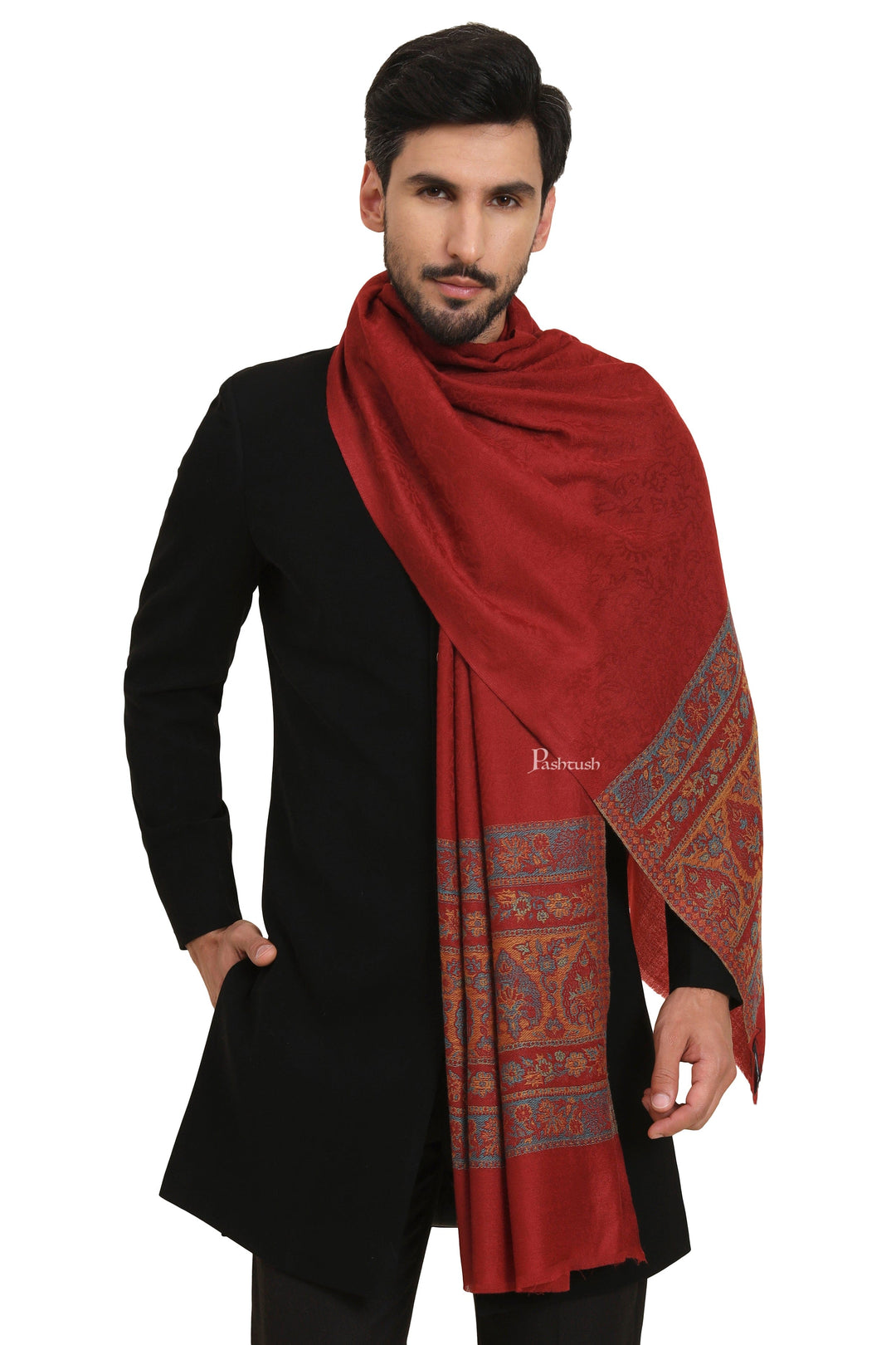 Pashtush India Mens Scarves Stoles and Mufflers Pashtush Mens Extra Fine Wool Stole, Woven Ethnic Palla Design, Maroon