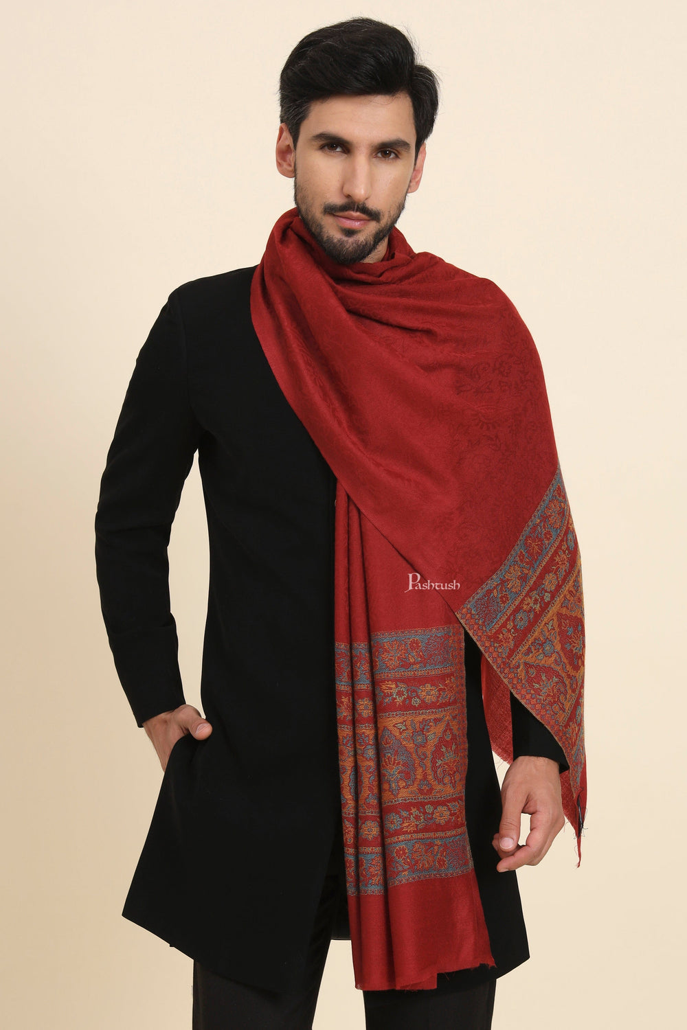 Pashtush India Mens Scarves Stoles and Mufflers Pashtush Mens Extra Fine Wool Stole, Woven Ethnic Palla Design, Maroon