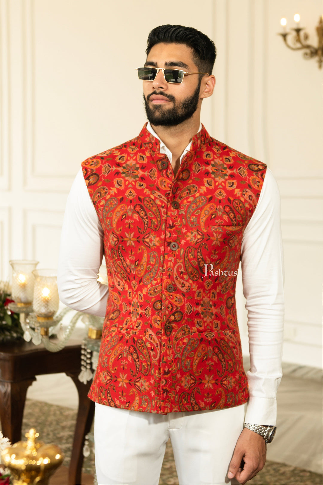 Pashtush India Coats & Jackets Pashtush Mens Faux Pashmina Jacket, Antique Design, Multicolour