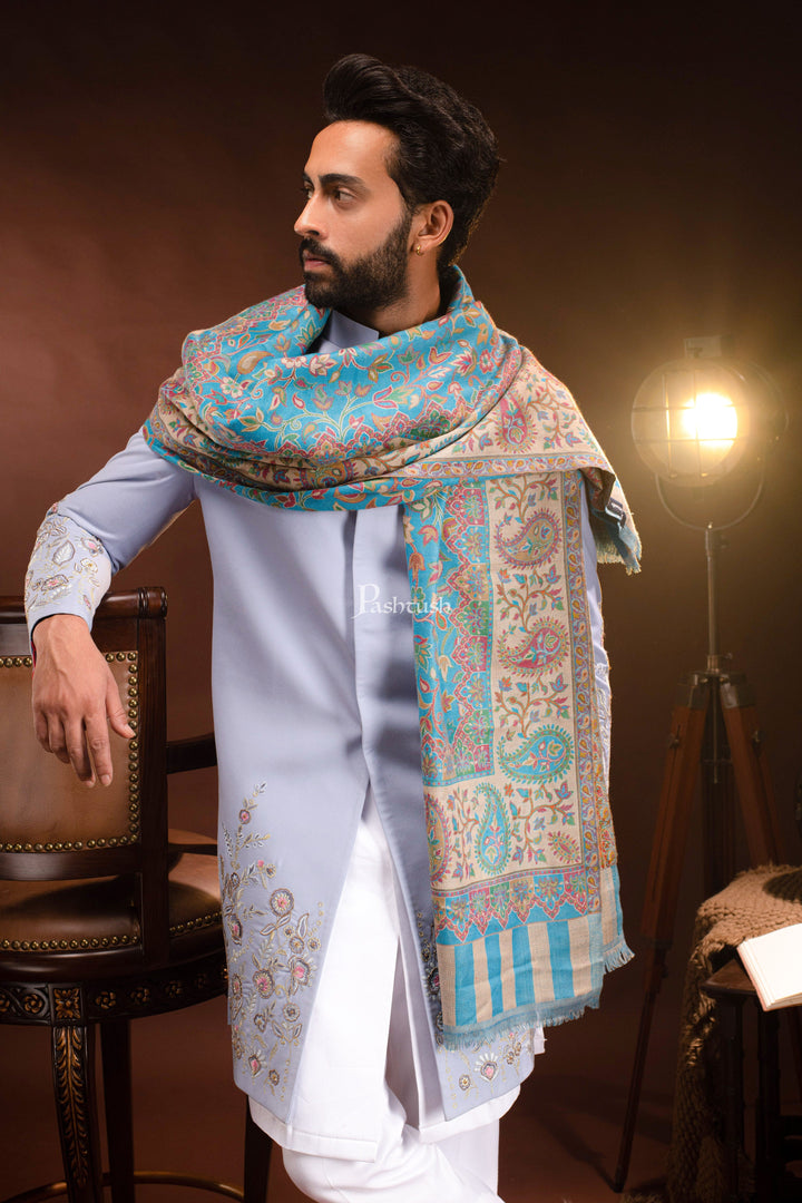 Pashtush India Mens Scarves Stoles and Mufflers Pashtush mens Faux Pashmina stole, Ethnic design, Paradise Blue