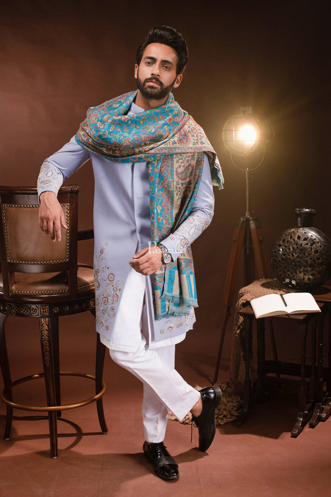 Pashtush India Mens Scarves Stoles and Mufflers Pashtush mens Faux Pashmina stole, Ethnic design, Paradise Blue