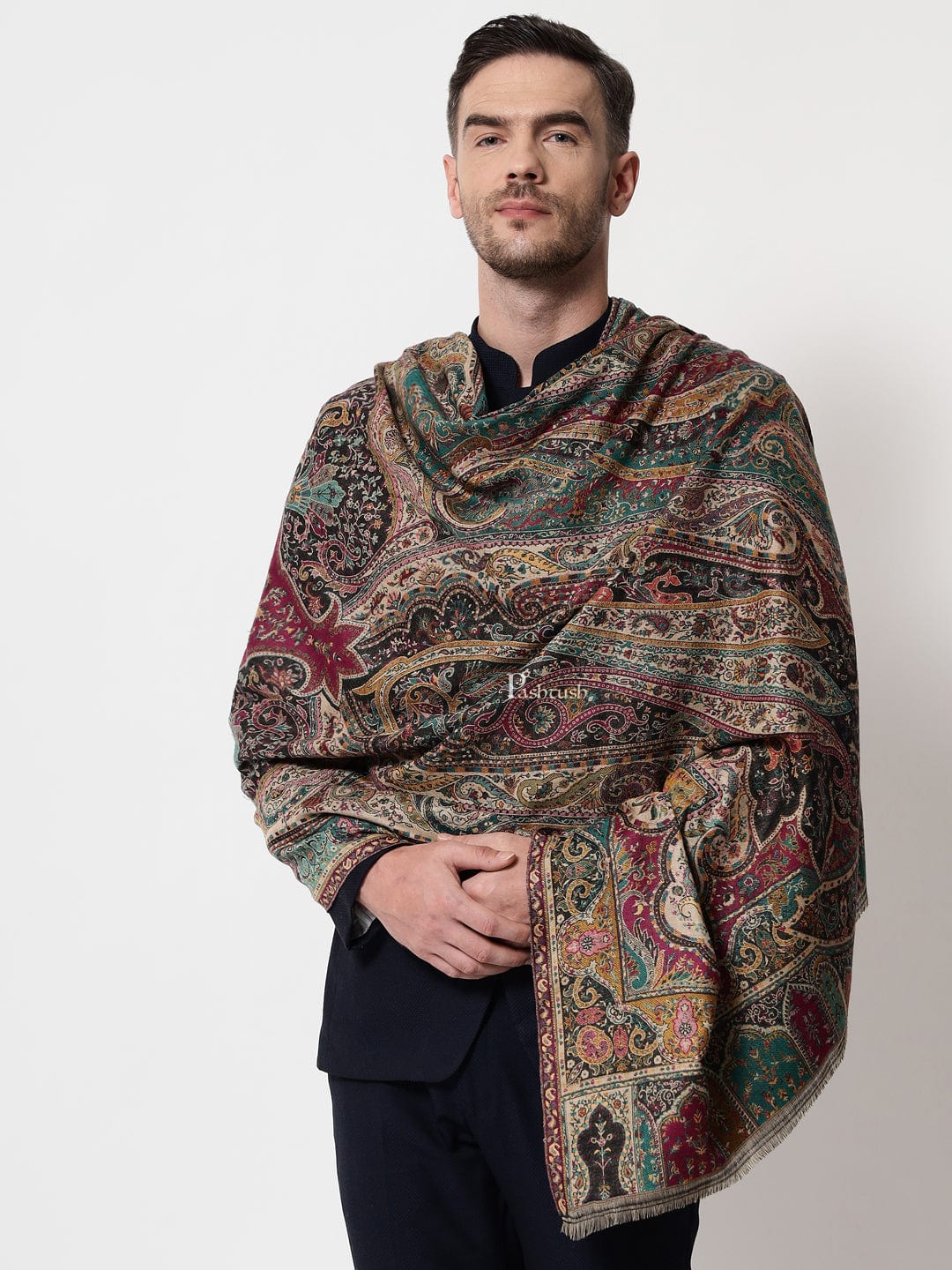 Pashtush India Mens Shawls Gents Shawl Pashtush mens faux pashmina stole, ethnic weave design, Multicolour