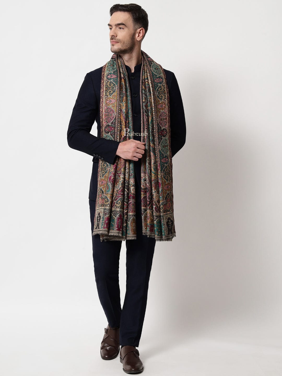Pashtush India Mens Shawls Gents Shawl Pashtush mens faux pashmina stole, ethnic weave design, Multicolour